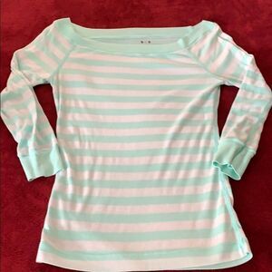 Three Dots Mint Green White Stripe Boat Neck 3/4 Sleeve Top Medium